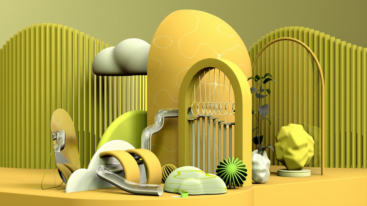 Loop Project — 3D scene with arches and playground shapes in yellow and green