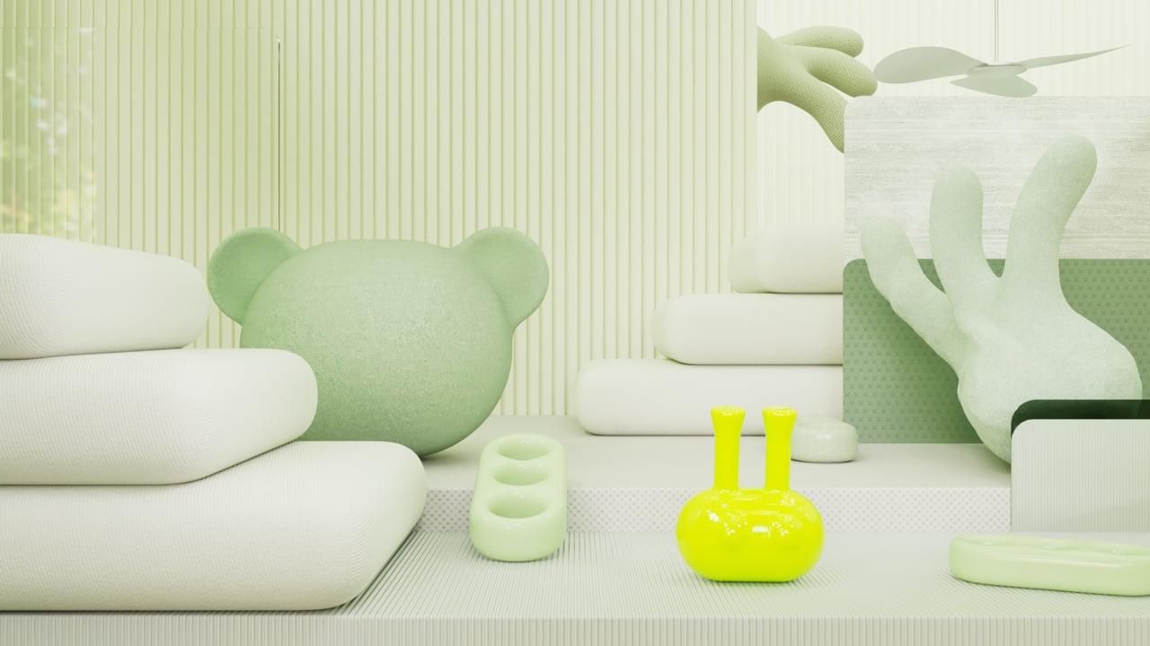 Soft Body — pastel green CGI still life with plush forms
